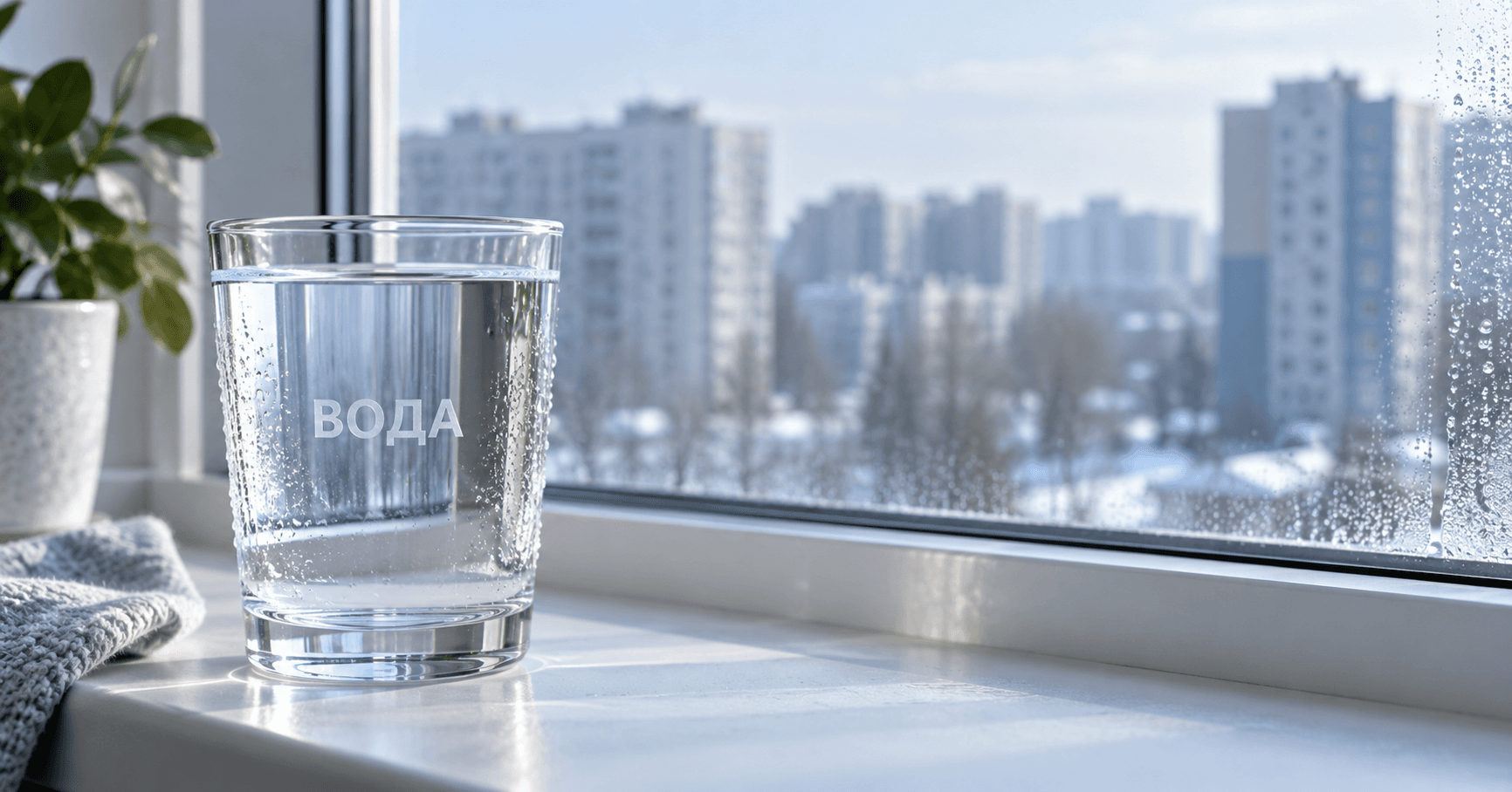 Стакан чистой воды на фоне жилых домов — иллюстрация к новости о разнице тарифов на воду в городах Казахстана.