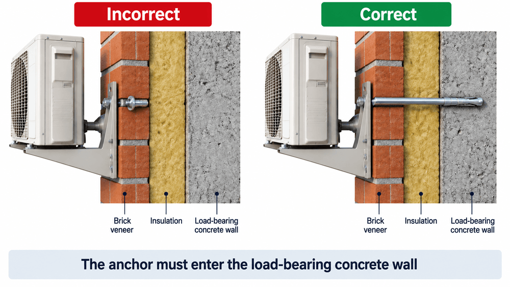 Comparison of incorrect and correct mounting of an outdoor air-conditioning unit: on the left, a short anchor is fixed only into the facing brick, while on the right, a long anchor passes through the insulation layer and is secured into the load-bearing concrete wall.