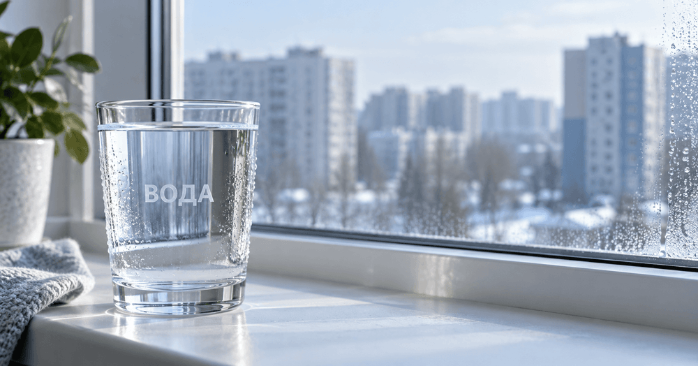 Стакан чистой воды на фоне жилых домов — иллюстрация к новости о разнице тарифов на воду в городах Казахстана.
