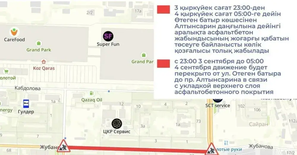 Section of Zhubanov Street in Almaty Closed for Night Repairs