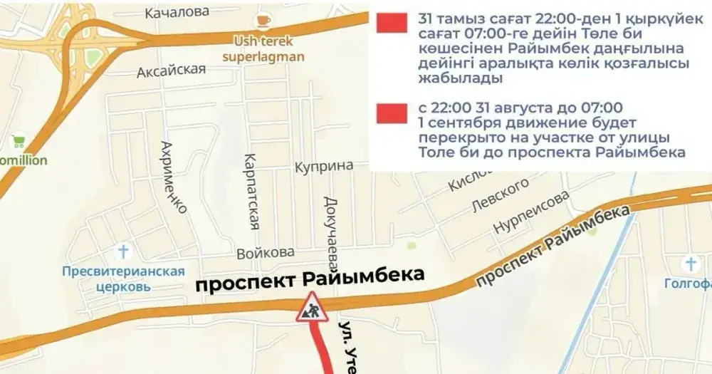 В Алматы в связи с ремонтом временно перекроют участок улицы Утеген батыра