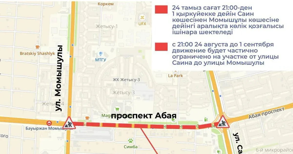В Алматы в связи с ремонтом частично ограничат движение на участке пр. Абая