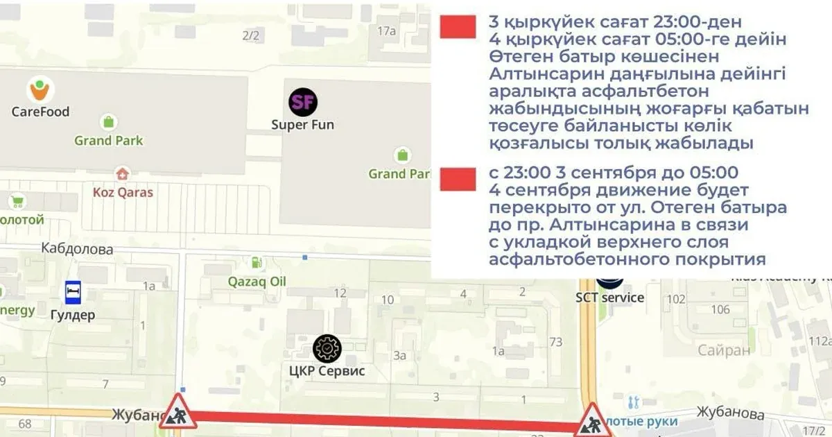 Section of Zhubanov Street in Almaty Closed for Night Repairs